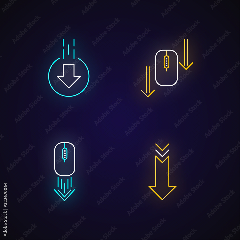 Poster computer mouse and arrowheads neon light icons set. scrolling down and uploading indicators. website