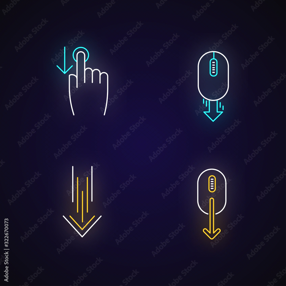 Poster scrolldown neon light icons set. swipe down indicators, cursors. arrows mobile app interface navigat