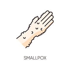 Smallpox RGB color icon. Contagious dermatological disease, infectious illness. Variola virus symptom, skin irritation, allergic reaction. Human hand with rash isolated vector illustration