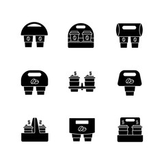 Paper cup holders black glyph icons set on white space. Coffee to go packages. Take away hot caffeine drinks. Takeaway cardboard carriers for cups. Silhouette symbols. Vector isolated illustration