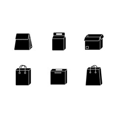 Paper food packages black glyph icons set on white space. Cardboard boxes, bags for products, meal. Disposable containers for lunch, grocery. Silhouette symbols. Vector isolated illustration