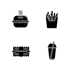 Takeaway food packages black glyph icons set on white space. Burger cardboard box, plastic container, disposable cup with straw, french fries pack. Silhouette symbols. Vector isolated illustration