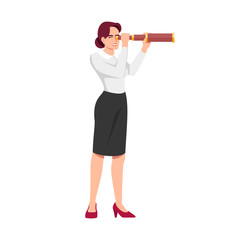 Businesswoman seeking new opportunities semi flat RGB color vector illustration. Young businesslady holding spyglass isolated cartoon character on white background. Business strategy vision concept