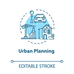 Urban planning concept icon. Infrastructure and transportation. Housing in town. Building construction idea thin line illustration. Vector isolated outline RGB color drawing. Editable stroke
