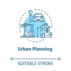 Fototapeta premium Urban planning concept icon. Infrastructure and transportation. Housing in town. Building construction idea thin line illustration. Vector isolated outline RGB color drawing. Editable stroke
