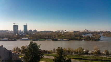 Belgrade view from the fortress kalemegdan and the two rivers of sava and danube