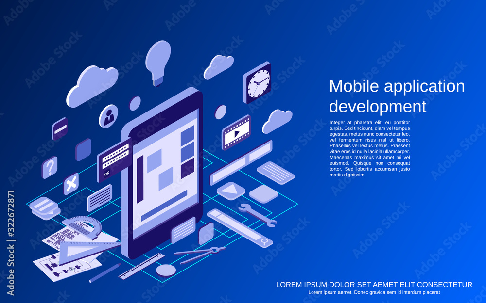 Poster mobile application development, program coding flat 3d isometric vector concept illustration