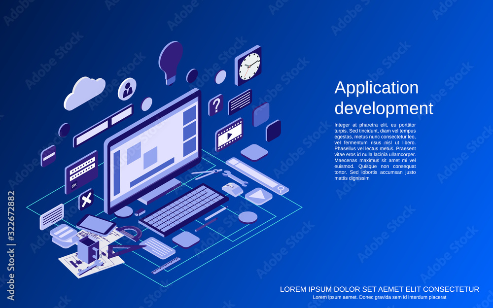 Aufkleber application development, seo process, algorithm optimization, website construction flat 3d isometric