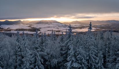 Panoramic view from Borowa Gora view point during winter time. Frosty structure, glazed, icy...