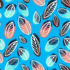 Watercolor seamless pattern abstract leaves on a blue background
