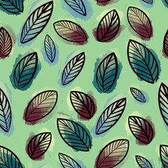 Watercolor seamless pattern abstract leaves on a greeb background	