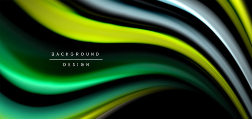 Abstract silk smooth lines on black, multicolored liquid fluid rainbow style waves on black