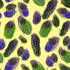 Watercolor seamless pattern abstract leaves on a yellow background