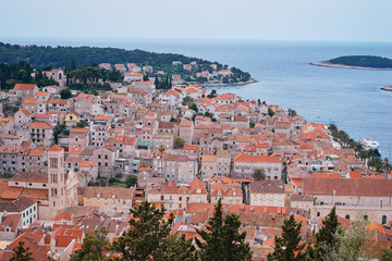 Beautiful view of Hvar old town on the sea shore.