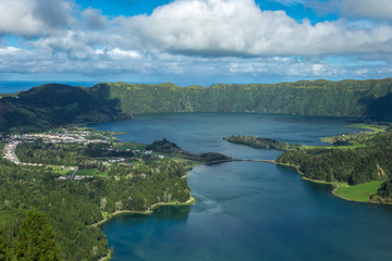 Lake called "Lagoa das 7 cidades" in portuguese, viewed from "Vista do Rei" viewpoint in Sao Miguel, Azores, Portugal.