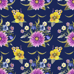 Seamless pattern of wildflowers on a dark blue background. Watercolor illustration.