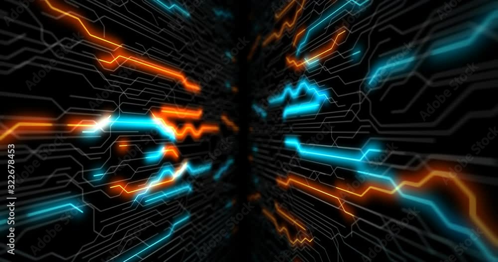 Poster circuit board futuristic server code processing. orange, green, blue technology background with boke