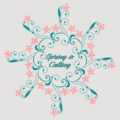 Greeting card of spring calling, with seamless leaf and flower frame decoration. Vector