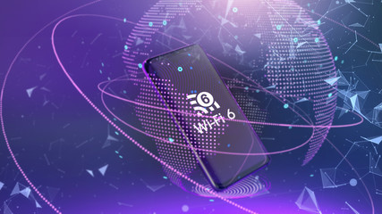 Wi Fi 6 logo on smartphone and blurred global map background. Wi Fi 6 telecommunications new generation network connectivity 3D rendering illustration.