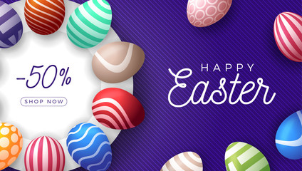 Easter egg horizontal banner. Easter card with colorful eggs laid out in a circle on a white plate, color ornate eggs on purple striped modern background. Vector illustration. Place for your text