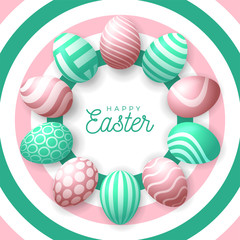 Easter egg banner. Easter card with eggs laid out in a circle, green and rose gold ornate eggs on fresh modern background. Vector illustration. Place for your text