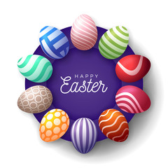 Easter egg banner. Easter card with eggs laid out in a circle on a purple plate, colorful ornate eggs on white modern background. Vector illustration. Place for your text