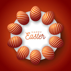 Easter egg banner. Easter card with eggs laid out in a circle on a white plate, orange ornate eggs on orange modern background. Vector illustration. Place for your text