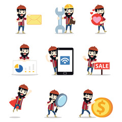 Set character of man lumberjack harvests some wood in the forest.