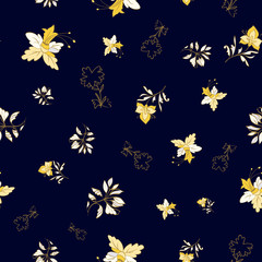 Floral seamless pattern with abstract leaves, flowers, petunias and daisies.