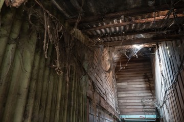 Abandoned wooden house. a lot of cobwebs and garbage in abandoned wooden house.