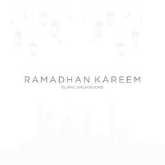 Ramadan kareem background, illustration with arabic lanterns and golden ornate crescent, on starry background.