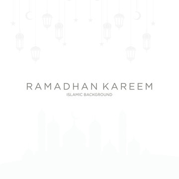 Ramadan kareem background, illustration with arabic lanterns and golden ornate crescent, on starry background.