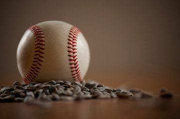 Baseball and sunflower seeds still life