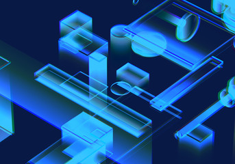 Cyber blue isometric neon city virtual reality background. Abstract technology innovation future digital background. 3d rendering.