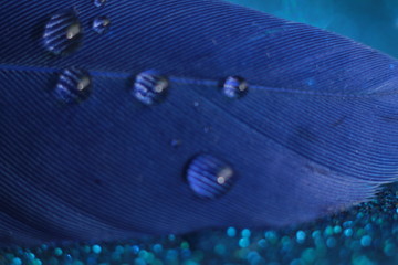 drops of water on the blue per, which lies on a shiny blue background