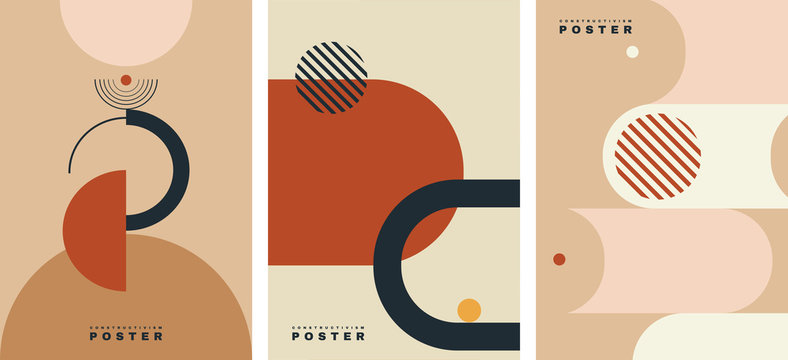 Vector. Set of costructivism abstract posters. Geometric shapes, template design, modern minimal wall art, terracotta color elements. Layout for flyer, poster, magazine or brochure. Avant garde. 