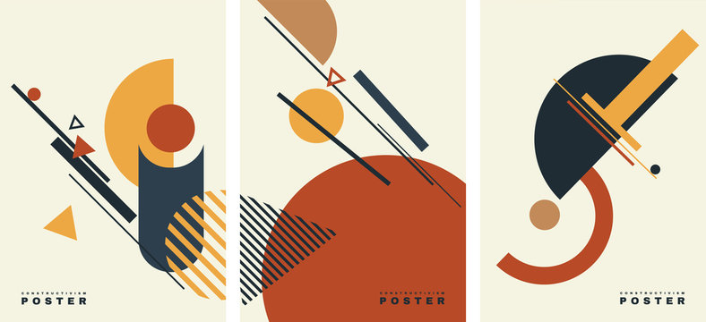Vector. Set of costructivism abstract posters. Geometric shapes, template design, modern minimal wall art, terracotta color elements. Layout for flyer, poster, magazine or brochure. Avant garde. 