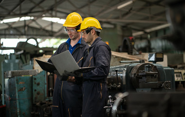 Professional team, quality control, stand maintenance, talk in the Warehouse factory. Team Engineer Factory operator Operating meetings