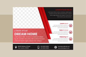 Fototapeta na wymiar Home Business vector design elements for graphic layout of horizontal flyer. Modern abstract background template with flat red diagonal geometric shapes in clean minimal style. Space for photo. 