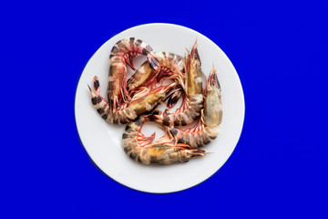Fresh uncooked raw exotic black tiger big shrimps on white round plate on blue background, many king prawns. Healthy protein sea food. Minimalism, keto weight loss diet concept. Top view.