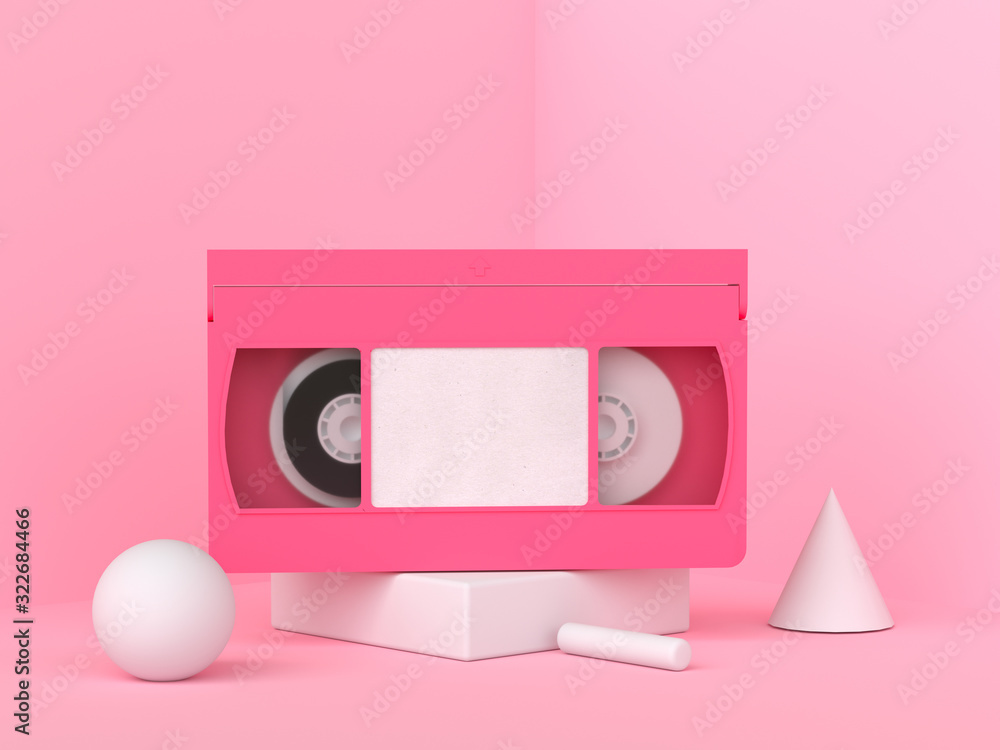 Poster pink video tape cassette 3d rendering minimal style