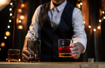 Bartender Serve Whiskey, on wood bar,