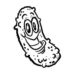 Funny cartoon pickle mascot character -- big smile, bumpy green skin