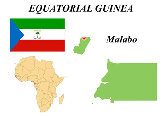 Republic Of Equatorial Guinea. Capital Of Malabo. Flag Of Equatorial Guinea. Map of the continent of Africa with country borders. Vector graphics.