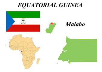 Republic Of Equatorial Guinea. Capital Of Malabo. Flag Of Equatorial Guinea. Map of the continent of Africa with country borders. Vector graphics.