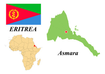 State of Eritrea. Capital of Asmara. Flag of Eritrea. Map of the continent of Africa with country borders. Vector graphics.