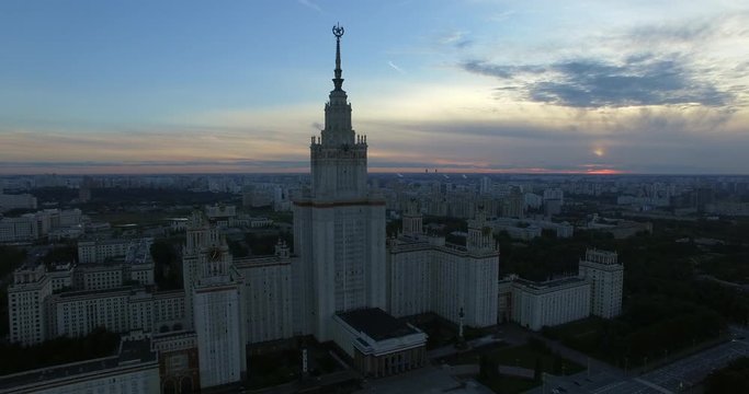 Aerial - Evening city scene with Lomonosov Moscow State University. The highest-ranking Russian educational institution