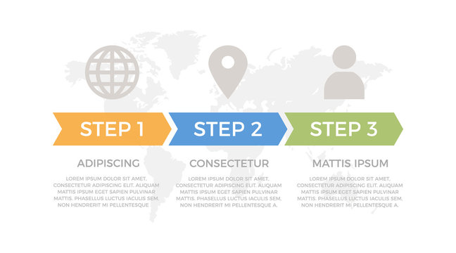 Set of orange, blue and green elements for infographic with world map presentation slides.