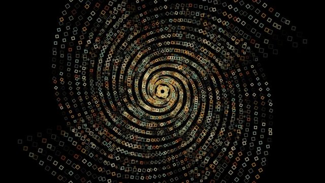 Beautiful abstract futuristic vortex of neon rectangles rotating on the black background. Animation. Abstract moving geometric shapes