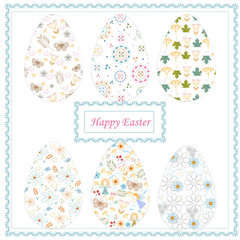 Set of colored Easter eggs with ornaments on a white background with a patterned frame in the center, happy Easter text, isolated, vector illustration